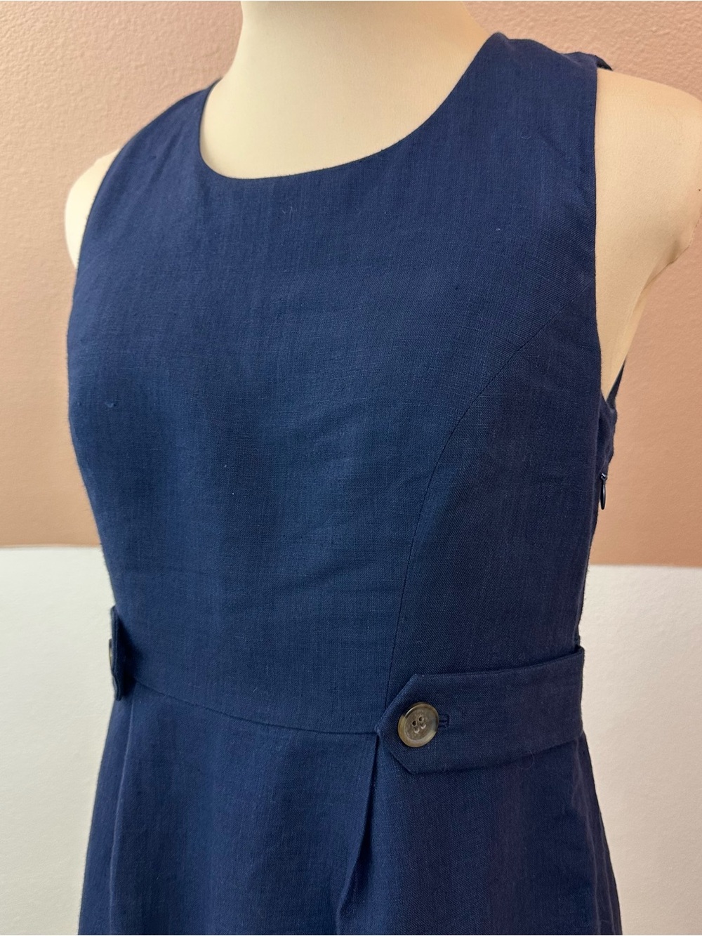 J.Crew 100% Linen Sheath Dress Womens 4 Navy Sleeveless Button Waist Knee Length - Picture 3 of 14